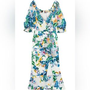 NWT Saloni Olivia Floral Print Wrap-Effect Midi Dress White